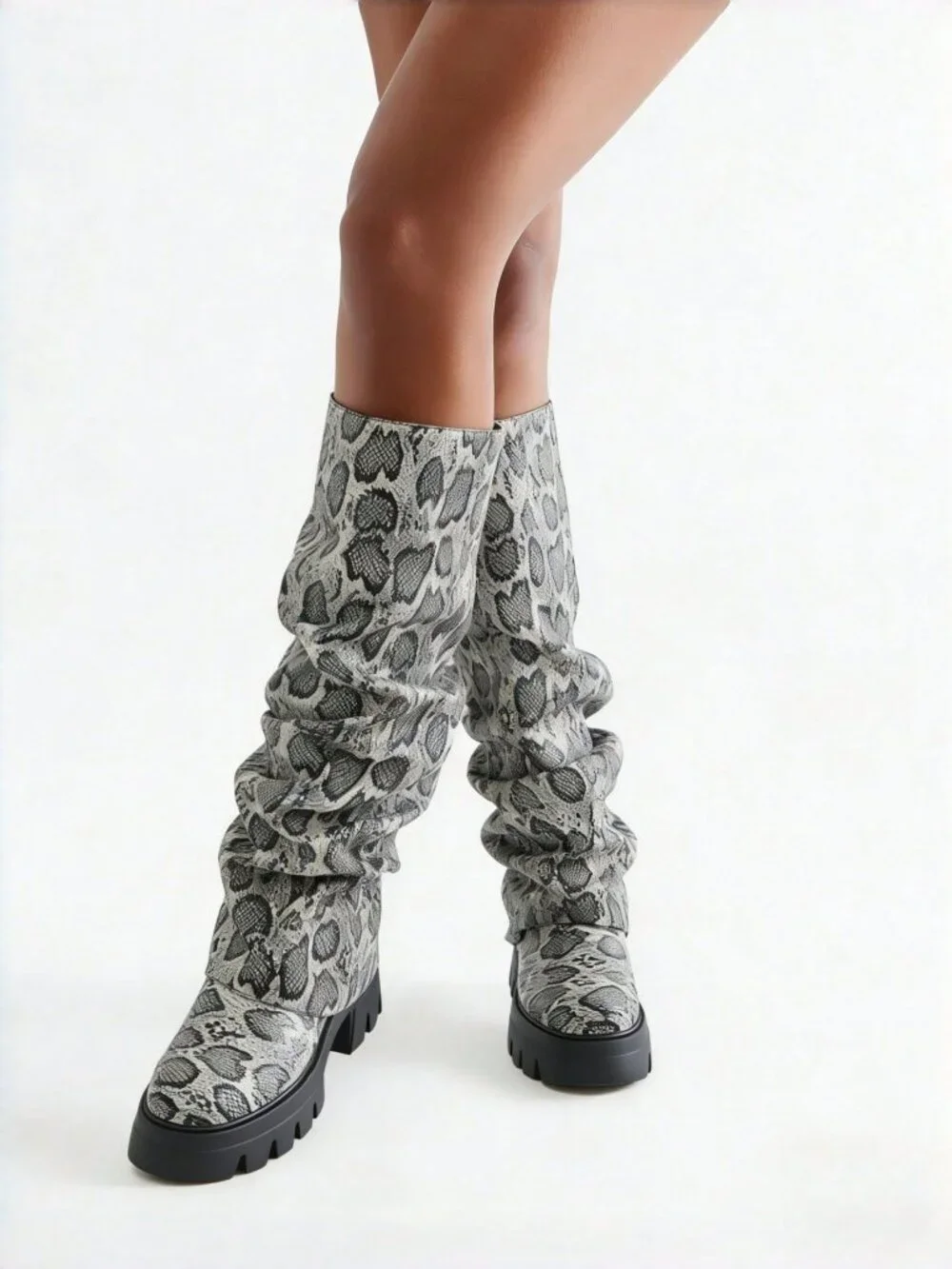 Snakeskin Women's Platform Slouchy Knee High Slip-On Boots